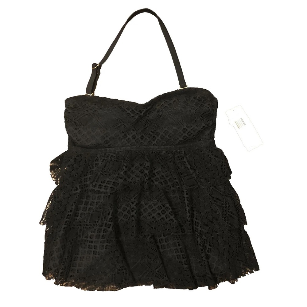 NWT Island Escape Woman Tiered Tankini Swim Top Black Lace Halter Adjustable 6